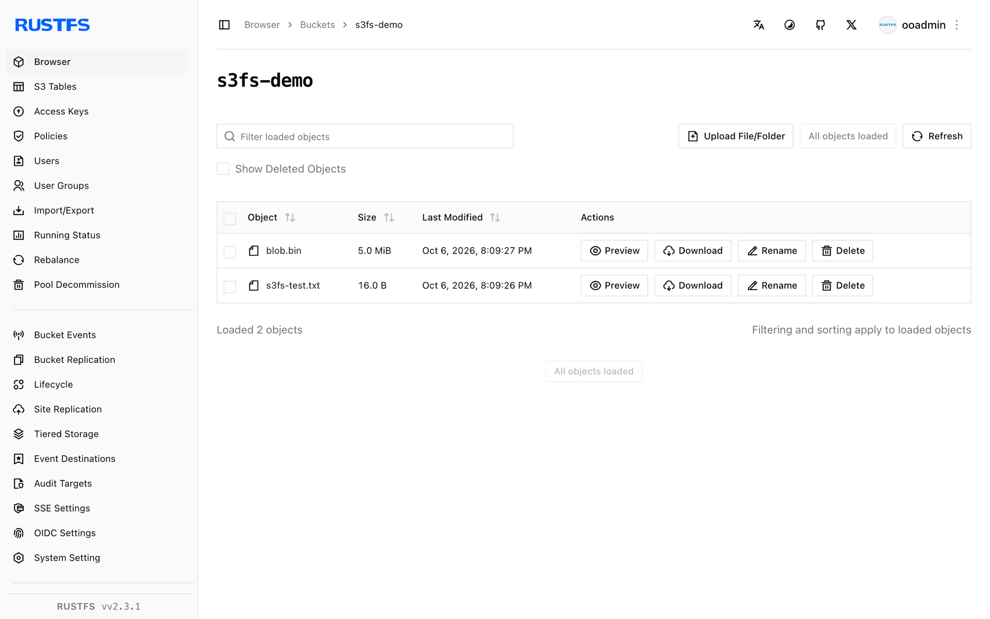 s3fs files stored in the RustFS Console